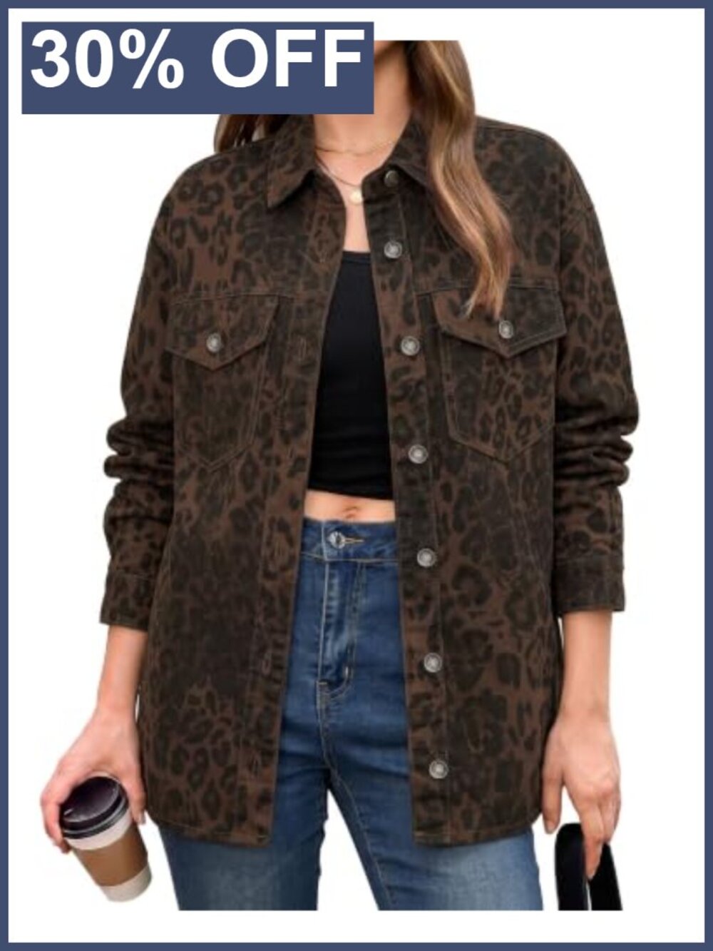 Leopard Print Oversized Denim Jacket Button Down Shacket